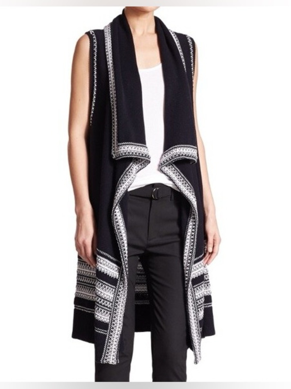 Vince Black and White Sleeveless Open-Front Knit Cardigan Vest